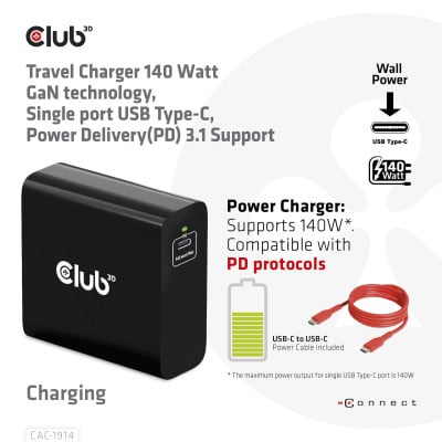 Club 3D Travel Charger 140 Watt GaN technology Single port USB Type-C Power Delivery(PD) 3.1 Support