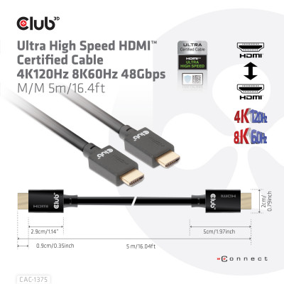 Club 3D HDMI 2.1 MALE TO HDMI 2.1 MALE ULTRA HIGH SPEED 4K 120Hz 8K60HZ  5m