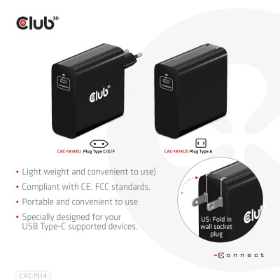 Club 3D Travel Charger 140 Watt GaN technology Single port USB Type-C Power Delivery(PD) 3.1 Support