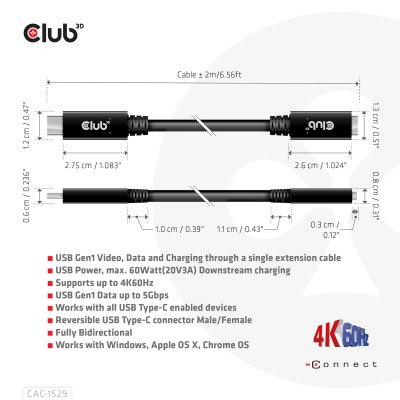 Club 3D USB GEN 1 TYPE-C EXTENSION CABLE 5GBPS 60W(20V/3A) 4K60HZ M/F 1M/3.28FT