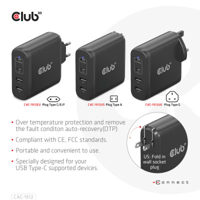 Club 3D Travel Charger 100W GaN technology Type-A(2x) and -C(2x) Power Delivery(PD) 3.0Support