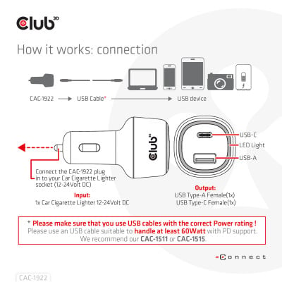 Club 3D Notebook / Laptop Power Car Charger 63 Watt/ 1USB A + 1USB C
