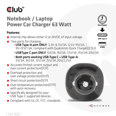 Club 3D Notebook / Laptop Power Car Charger 63 Watt/ 1USB A + 1USB C