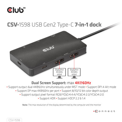 Club 3D USB Gen2 Type-C to Dual DisplayPort 4k60Hz 7-in-1 Portable Dock