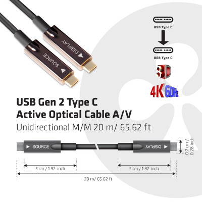 Club 3D USB 3.2 GEN 2 TYPE-C ACTIVE OPTICAL A/VUNIDIRECTIONAL CABLE MALE/MALE 20 M/ 65.62 FT
