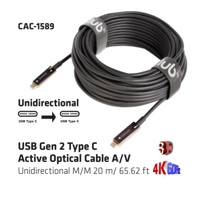 Club 3D USB 3.2 GEN 2 TYPE-C ACTIVE OPTICAL A/VUNIDIRECTIONAL CABLE MALE/MALE 20 M/ 65.62 FT