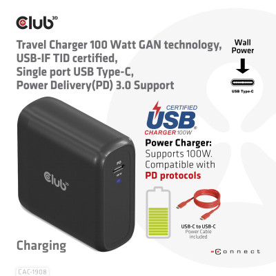 Club 3D Travel Charger 100 Watt GAN technology USB-IF TID certified Single port USB Type-C Power Delivery(PD) 3.0 Support