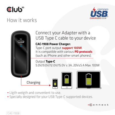 Club 3D Travel Charger 100 Watt GAN technology USB-IF TID certified Single port USB Type-C Power Delivery(PD) 3.0 Support