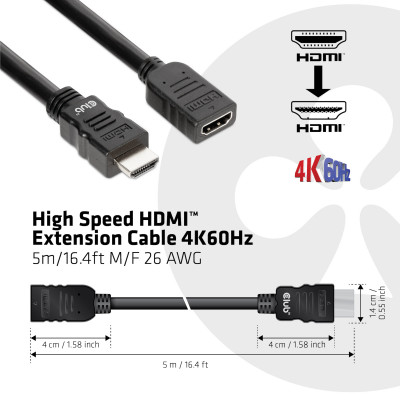 Club 3D HIGH SPEED HDMI 4K60HZ EXTENSION CABLE 5M/16.4FT MALE/FEMALE 26 AWG