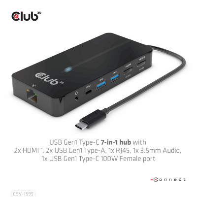 Club 3D USB GEN1 TYPE-C 7-IN-1 HUB WITH 2XHDMI 2USB GEN1 TYPE-A 1 RJ45 1X3.5MM AUDIO 1XUSB GEN1 TYPE-C 100W FEMALE PORT