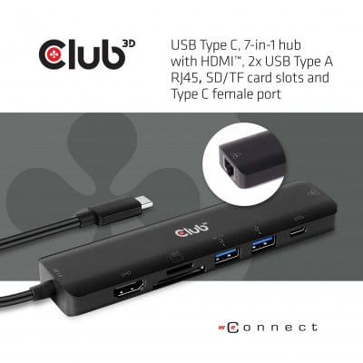 Club 3D USB TYPE C 7 IN 1 HUB TO HDMI 4K60HZ+SDTF CARD SLOT+2XUSBA + USB C PD +RJ45
