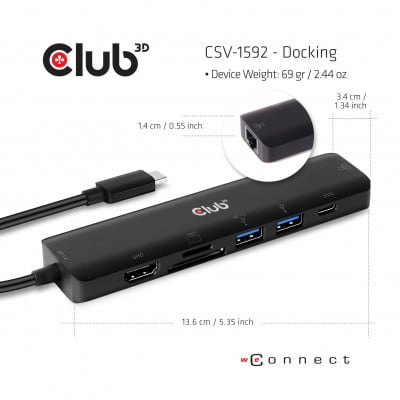 Club 3D USB TYPE C 7 IN 1 HUB TO HDMI 4K60HZ+SDTF CARD SLOT+2XUSBA + USB C PD +RJ45