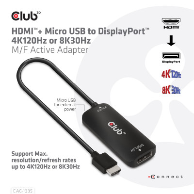 Club 3D HDMI+ Micro USB to DisplayPort 4K120Hz or 8K30Hz M/F Active Adapter