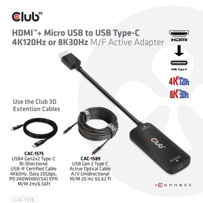 Club 3D HDMI+ Micro USB to USB Type-C 4K120Hz or 8K30Hz M/F Active Adapter