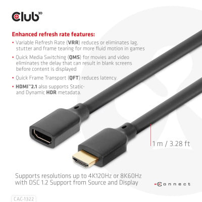 Club 3D Ultra High Speed HDMI Extension Cable 4K120Hz 8K60Hz 48Gbps M/F 1m 30AWG