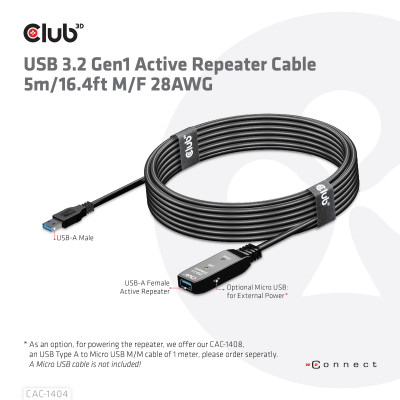 Club 3D USB TYPE A GEN 1 ACTIVE REPEATER CABLE 5METER / 16.40FT SUPPORTS UP TO 5Gbps