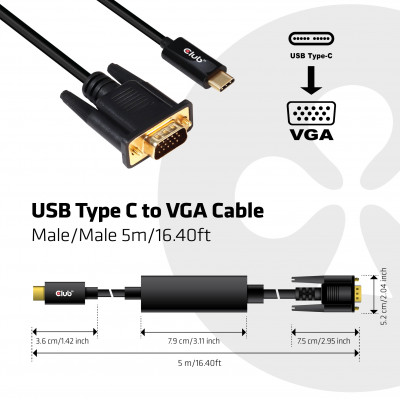 Club 3D USB TYPE C TO VGA CABLE 5m/16.4ft
