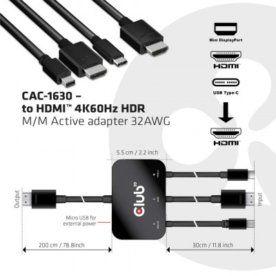 Club 3D USB Type C + HDMI + MiniDisplayPort 1.2to HDMI 4K60Hz HDR M/M Active Adapter 32AWG