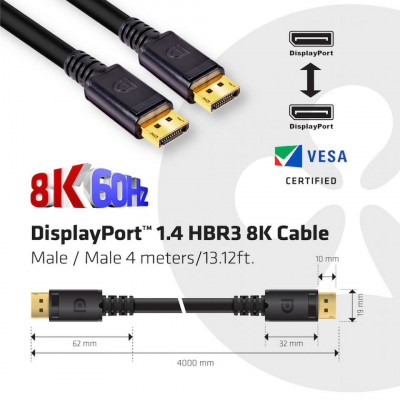 Club 3D DisplayPort 1.4 HBR3 8K Cable M/M 4 meter Vesa Certified