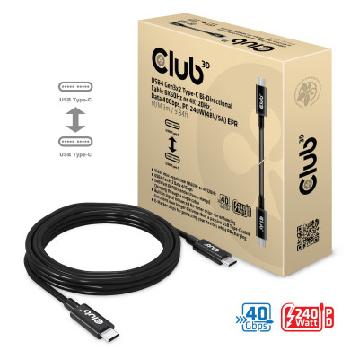 Club 3D USB4 Gen3x2 Type-C Bi-Directional Cable8K60Hz or 4K120Hz Data 40Gbps PD 240W(48V/5A) EPR M/M 3m