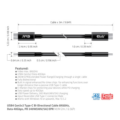 Club 3D USB4 Gen3x2 Type-C Bi-Directional Cable8K60Hz or 4K120Hz Data 40Gbps PD 240W(48V/5A) EPR M/M 3m