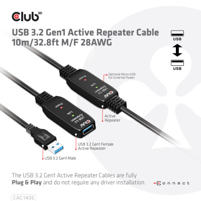 Club 3D USB TYPE A GEN 1 ACTIVE REPEATER CABLE 10METER / 32.8FT SUPPORTS UP TO 5Gbps