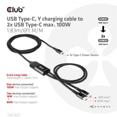Club 3D USB TYPE C Y cable Charging cable to 2XUSB type C max 100 Watt 1.83m/6Feet M/M