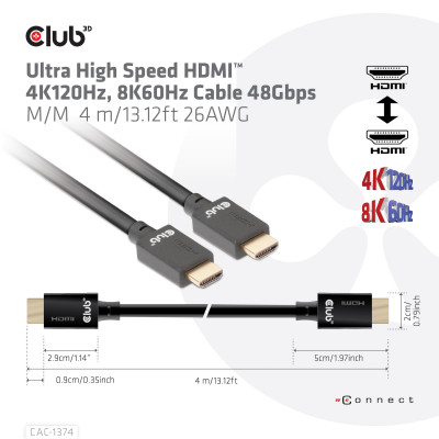 Club 3D HDMI 2.1 MALE TO HDMI 2.1 MALE ULTRA HIGH SPEED 4K 120Hz 8K60HZ  4m/ 13.12FT
