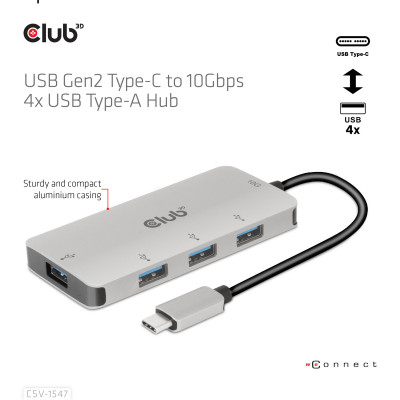 Club 3D USB GEN2 TYPE-C TO 10GBPS 4X USB TYPE-AALUMINIUM CASING HUB