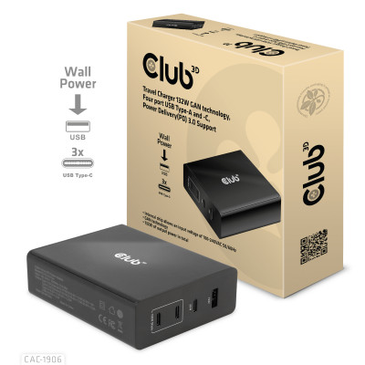 Club 3D TRAVEL CHARGER 132W GAN TECHNOLOGY FOURPORT USB TYPE-A AND -C POWER DELIVERY(PD) 3.0 SUPPORT