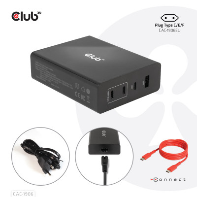 Club 3D TRAVEL CHARGER 132W GAN TECHNOLOGY FOURPORT USB TYPE-A AND -C POWER DELIVERY(PD) 3.0 SUPPORT