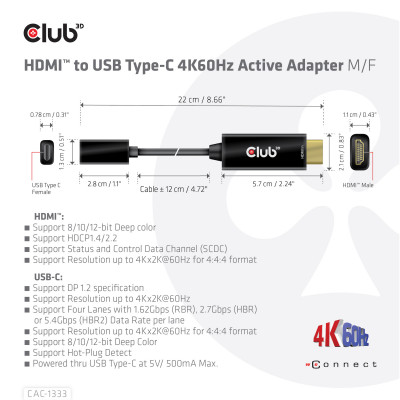 Club 3D HDMI-USB-C 4K60Hz Active Adapter M/F