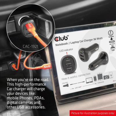 Club 3D Notebook / Laptop Car Charger 36 Watt/ 2USB A + 1USB C