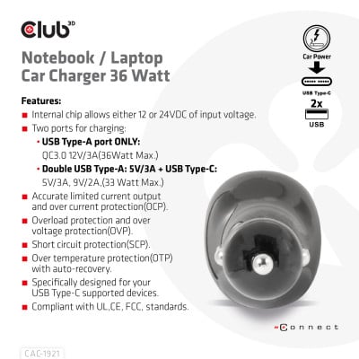 Club 3D Notebook / Laptop Car Charger 36 Watt/ 2USB A + 1USB C