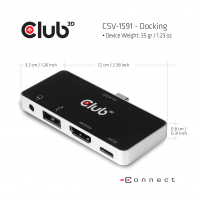 Club 3D USB TYPE C 3.1 GEN 1 TO HDMI 2.0b + 1 USB 2.0 TYPE A + USB C CHARGE UP TO 100W + 1 COMBO AUDIO JACK FEMALE