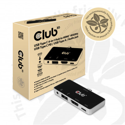 Club 3D USB TYPE C 3.1 GEN 1 TO HDMI 2.0b + 1 USB 2.0 TYPE A + USB C CHARGE UP TO 100W + 1 COMBO AUDIO JACK FEMALE