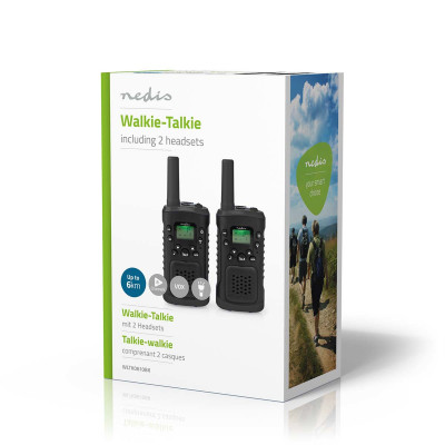 Nedis Walkie talkie Set / 2 Handsets / Tot 6 km / Frequentiekanalen: 8 / PTT / VOX / tot 3 uur / Koptelefoonoutput / 2 Headsets / Zwart