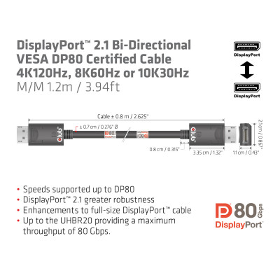 Club 3D DisplayPort 2.1 Bi-Directional VESA DP80 Certified Cable 4K120Hz 8K60Hz or 10K30Hz M/M 1.2m