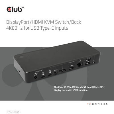 Club 3D DisplayPort/HDMI KVM Switch/Dock 4K60Hzfor USB Type-C inputs