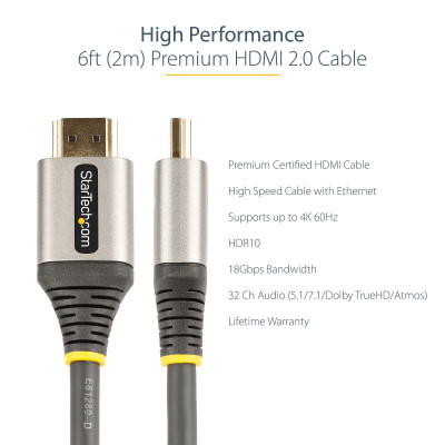 StarTech 6ft 2m Certified HDMI 2.0 Cable 4K 60Hz