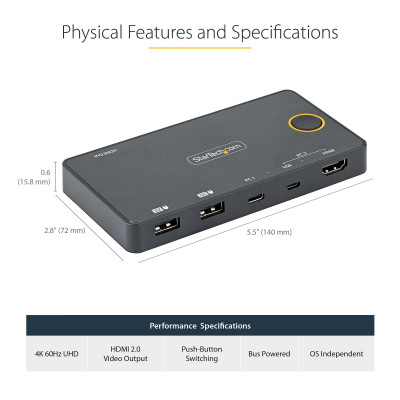 StarTech 2 Port USB-A+HDMI/USB-C KVM Switch 4K