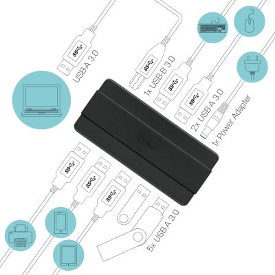 i-tec U3HUB742 hub & concentrateur USB 3.2 Gen 1 (3.1 Gen 1) Type-B 5000 Mbit/s Noir