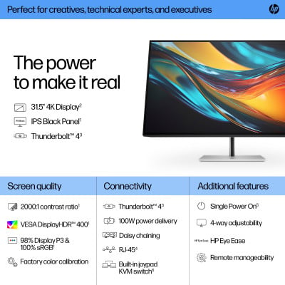 HP Series 7 Pro 31.5 inch 4K Thunderbolt 4 Monitor - 732pk computer monitor 80 cm (31.5") 3840 x 2160 Pixels 4K Ultra HD Zwart, Zilver
