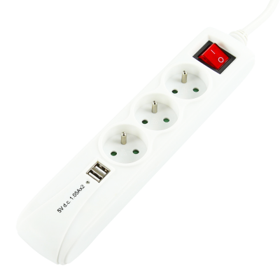 LOGON 3-WAY+2 USB POWER STRIP: WHITE - ON/OFF SWITCH - 1.5M