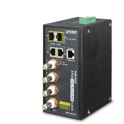 Planet IP30, Industrial IPv4/IPv6, 4-P Coax + 2-P 10/100/1000T + 2-Port 100/1000X SFP Long Reach POE over Coaxial Managed Switch (-40 to 75 C)