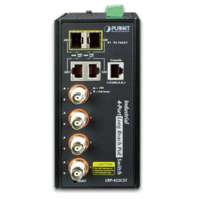 Planet IP30, Industrial IPv4/IPv6, 4-P Coax + 2-P 10/100/1000T + 2-Port 100/1000X SFP Long Reach POE over Coaxial Managed Switch (-40 to 75 C)